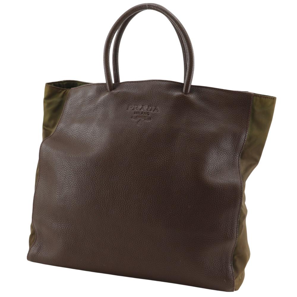 Prada Logo Embossing Handbag Tote Bag Brown Calfskin/Nylon Unisex Used
