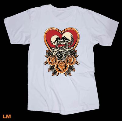 Love Skeletons White T-shirt Roses Heart Tattoo Graphic Art