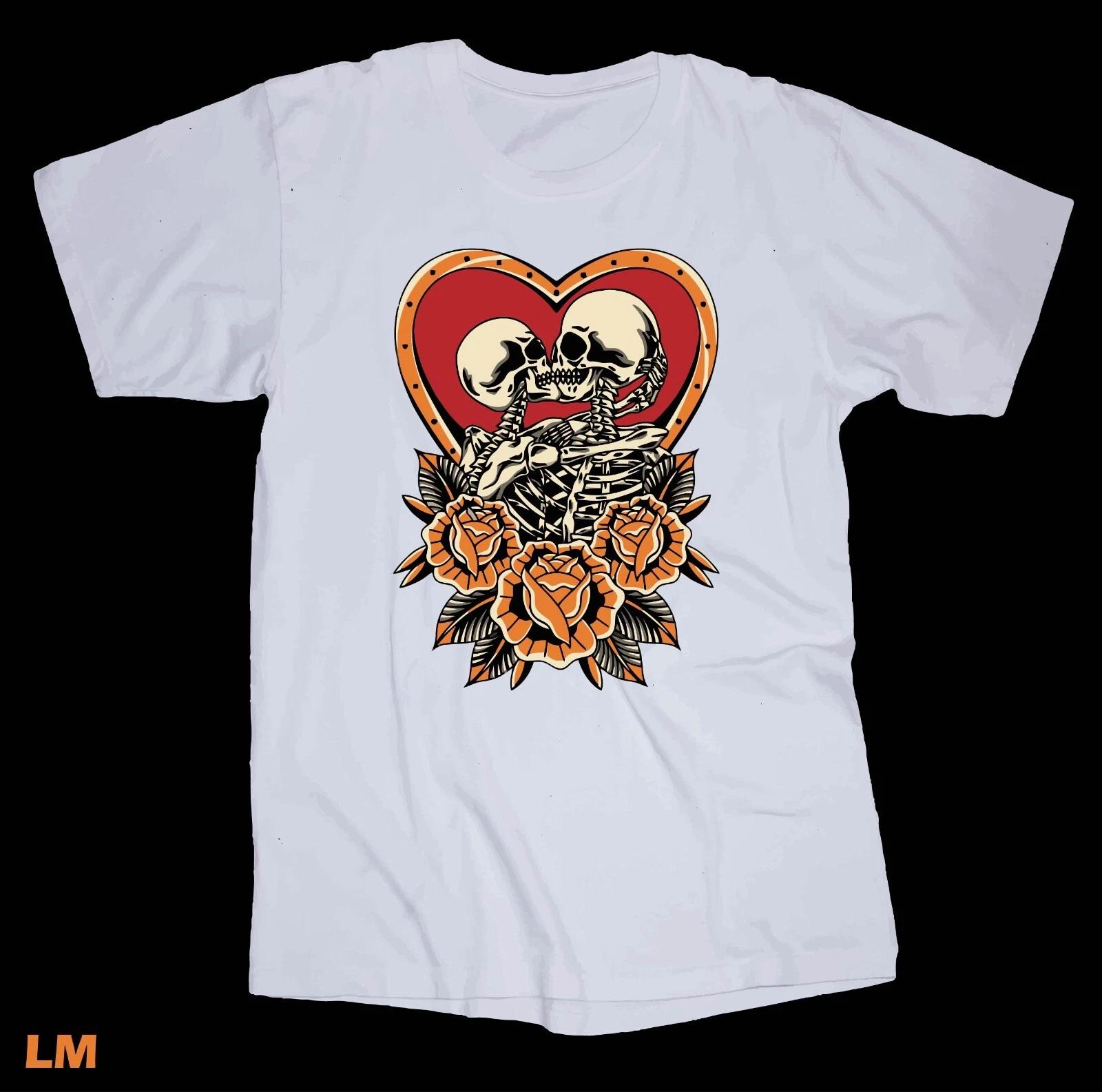 Love Skeletons white T-shirt Roses Heart Tattoo Graphic Art 4XL