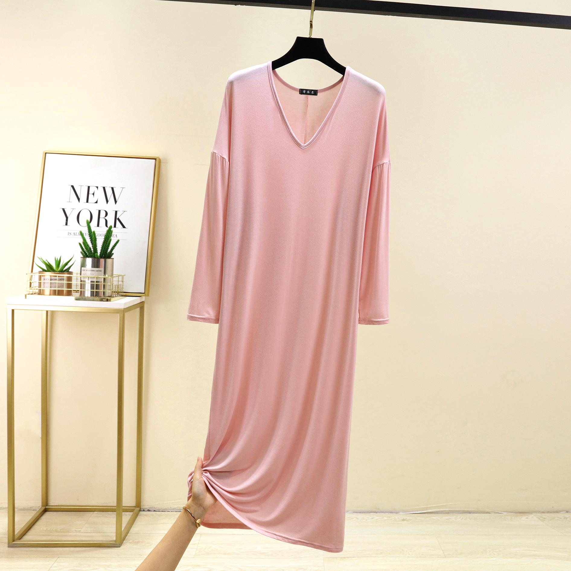 

V-Neck Long-Sleeve Loose Modal Dress for Women - Plus Size Nightgown Skirt XL