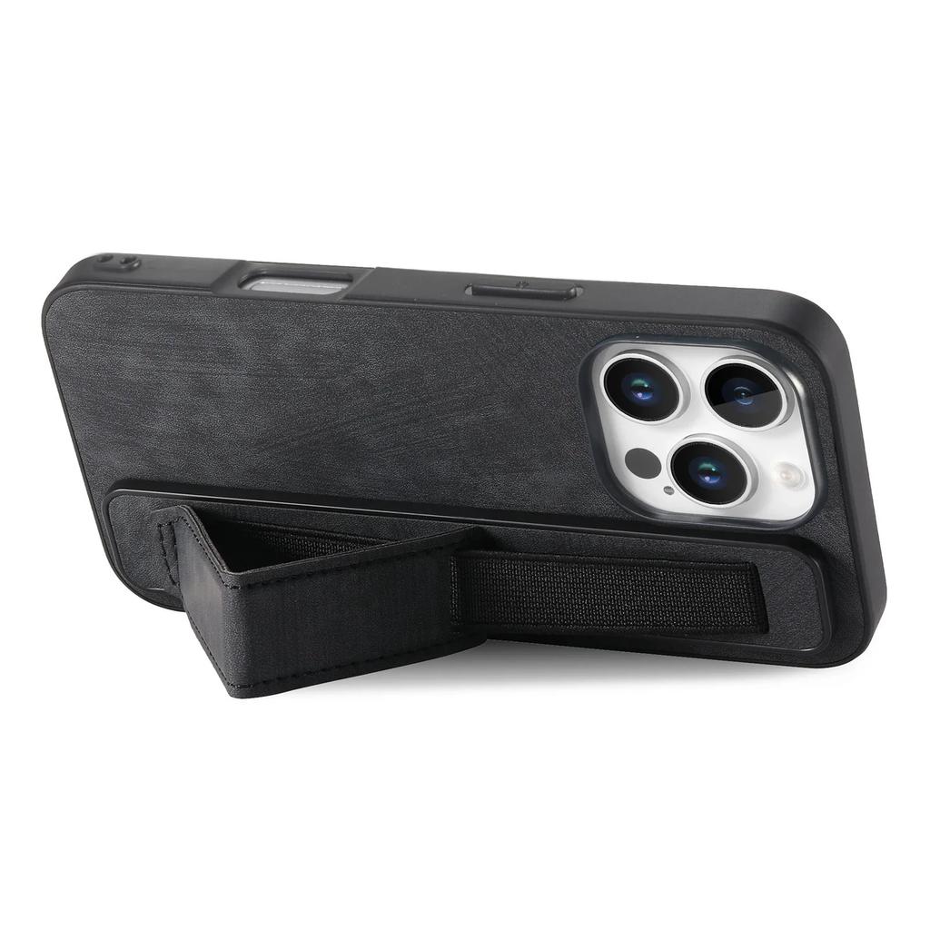 Kickstand Wrist Strap Leather Phone Case for iPhone 16 15 Pro Max Plus SE 2025 Shockproof Protective Cover