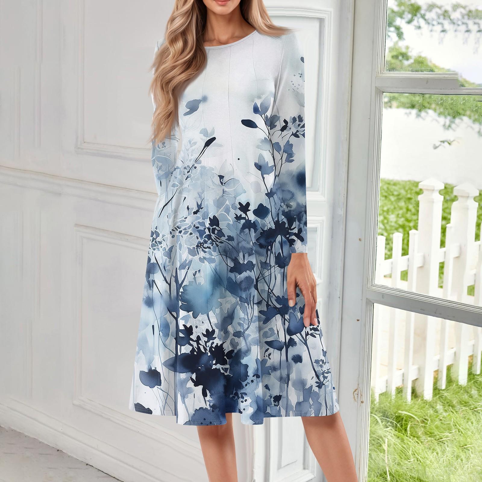 

Женское повседневное модное платье миди с круглым вырезом и длинными рукавами XL