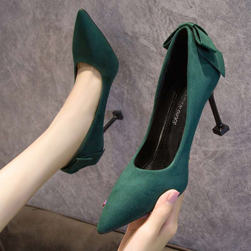 Red suede wedding shoes women's heel bow high heels fairy style with Xiuhe bridal shoes green shoes