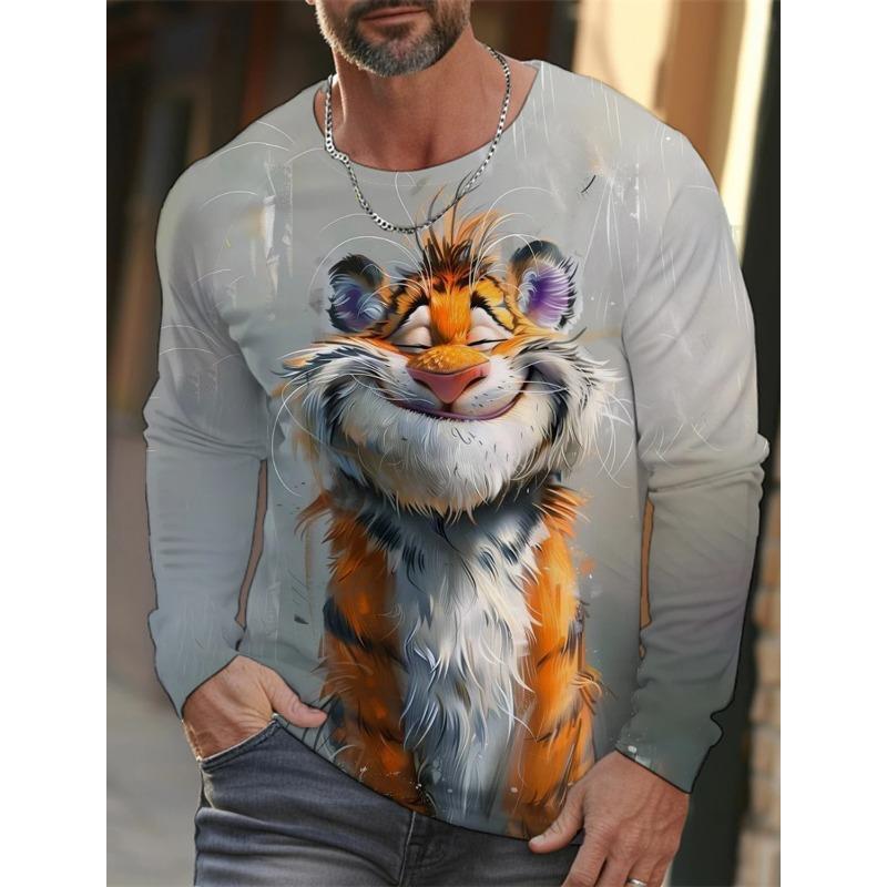 Spring and Autumn Round Neck 3D Printed Funny Animal Pattern Top Fashionable Casual Long Sleeved Men's T-shirts