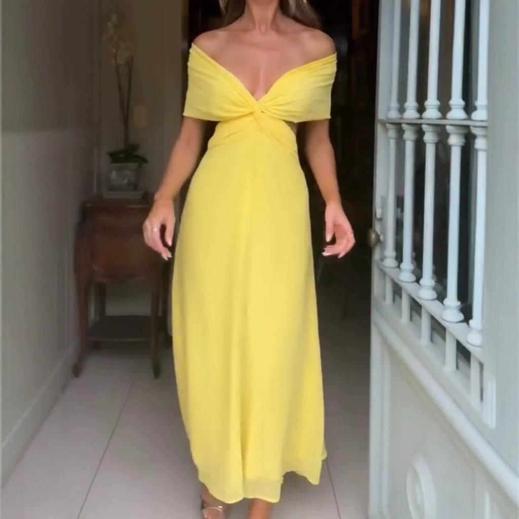 European and American sexy women's clothing new sexy sleeveless bow slim yellow dress