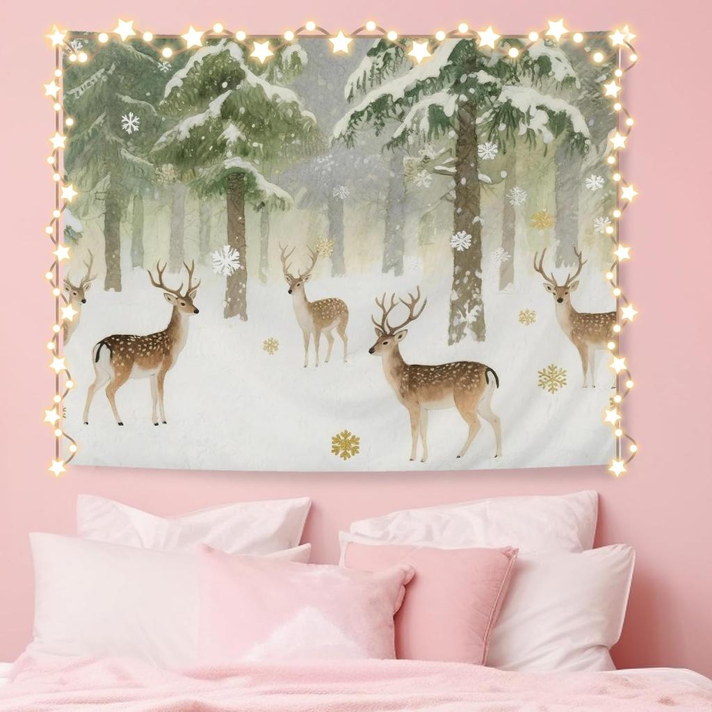 Winter Christmas Deer Tapestry,Rustic Christmas Wall Tapestry For Bedroom, Winter Snowy Forest Xmas Deer Tapestries Wall Hanging