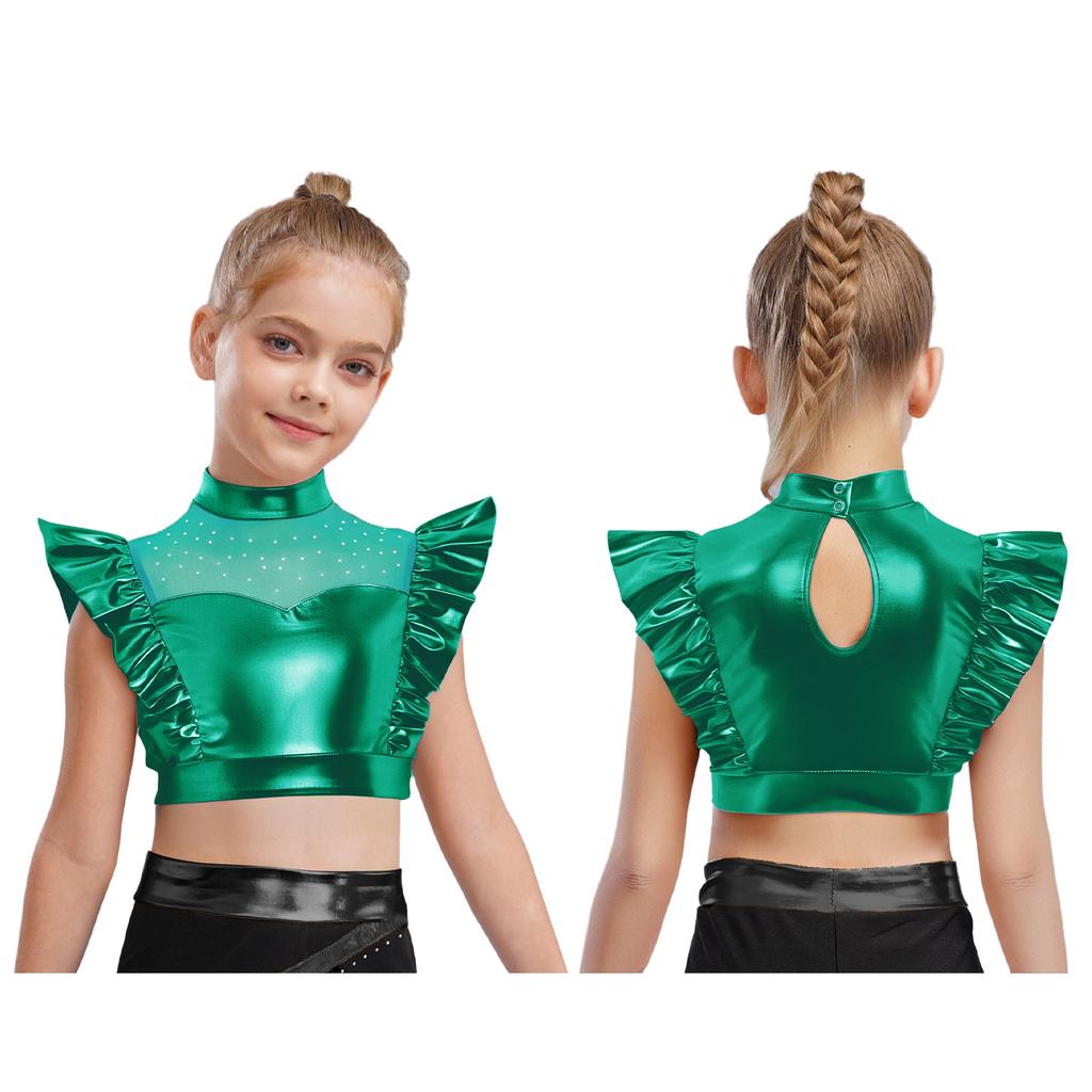 Kids Dance Shirt Metallic Mock Neck Mesh Patchwork Rhinestone Ruffle Crop Top with Press Buttons