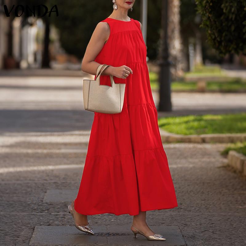 VONDA Women Round Neck Sleeveless Ruffled Casual Swing Pleated Dress