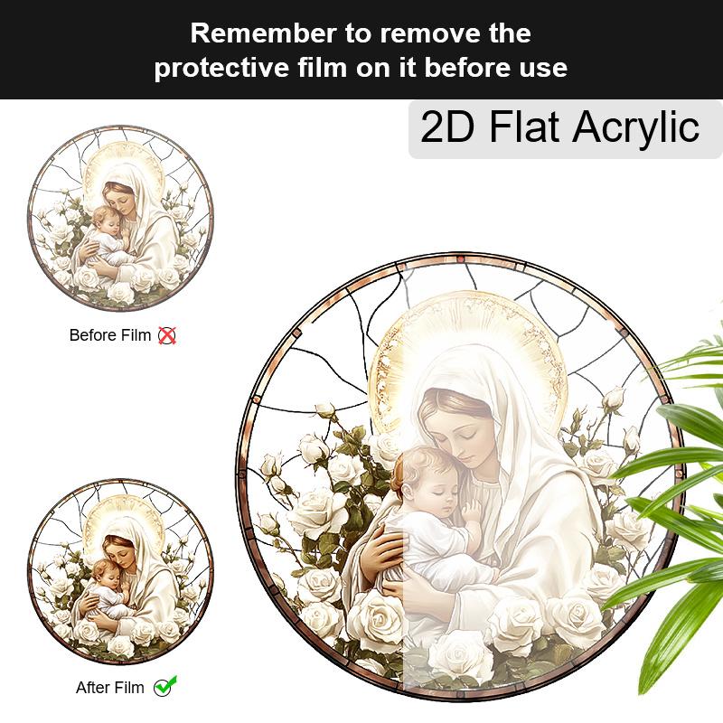 Acrylic Virgin Mary and Baby Jesus with Roses Suncatcher, Stained Glass Effect Window Hanging Ornament for Religious & Faith Lover Gifts