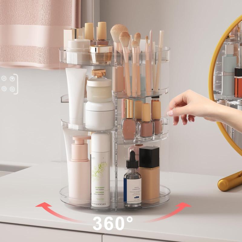 Rotating Makeup Organizer Cosmetic Display Case With Brush Holder Perfume Tray Storage Carousel For Vanity Bathroom Countertop