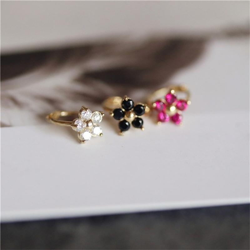 925 Sterling Silver Flower Huggie Earrings, Gold Plated Colorful Zircon Floral Hoop Earrings for Women, Dainty Cute Jewelry Gift Red zircon Silver