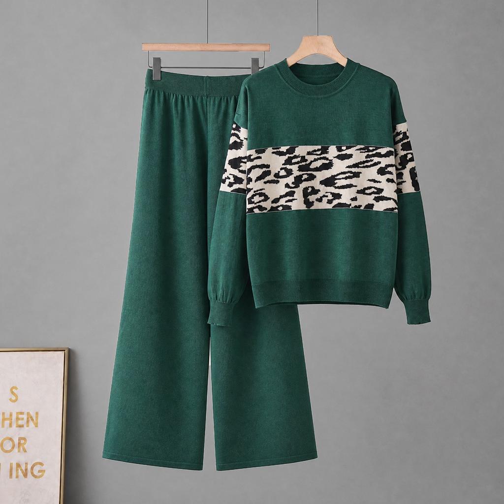 European and American leopard print knitted suit women's two-piece set autumn and winter round neck long-sleeved top casual wide-leg pants suit women
