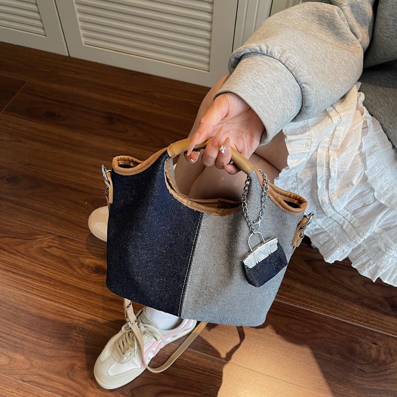 

Ретро женская сумка новая мода джинсовая портативная сумка-ведро сумка-мать и дитя на плечо мессенджер синий