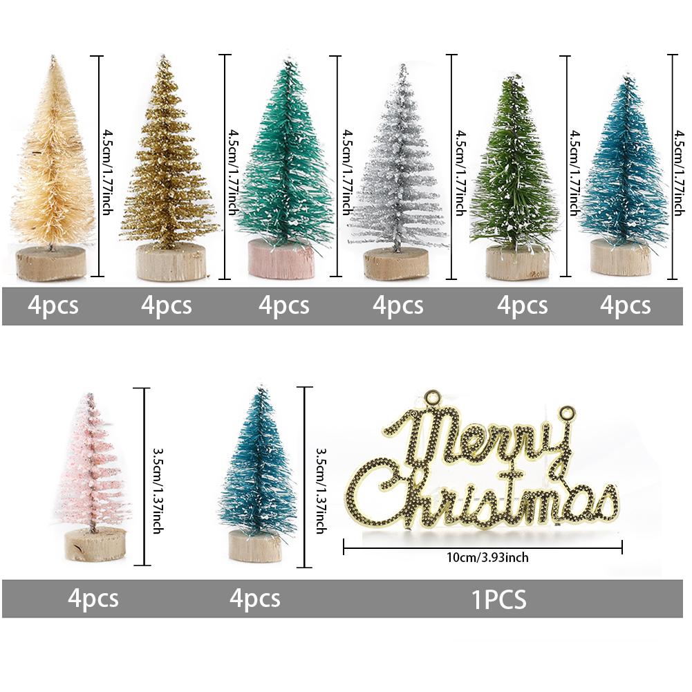 33Pcs Multicolor Mini Pine Christmas Trees Frosted Sisal Trees With Wood Base Plastic Winter Snow Ornaments Tabletop Trees Decor
