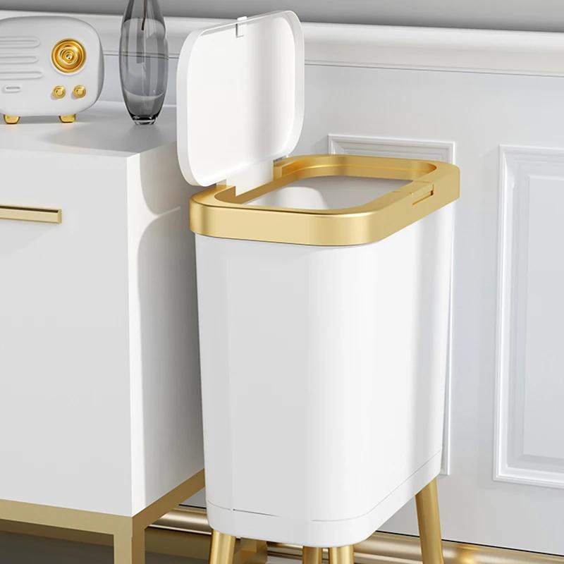 Unique High-foot Press Type Bathroom Trash Can Light Luxury Plastic Kitchen Garbage Bin With Lid Large Toilet Trash Can Bedroom