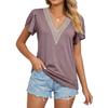 Top T-shirt da donna in pizzo con scollo a V e maniche corte a tinta unita