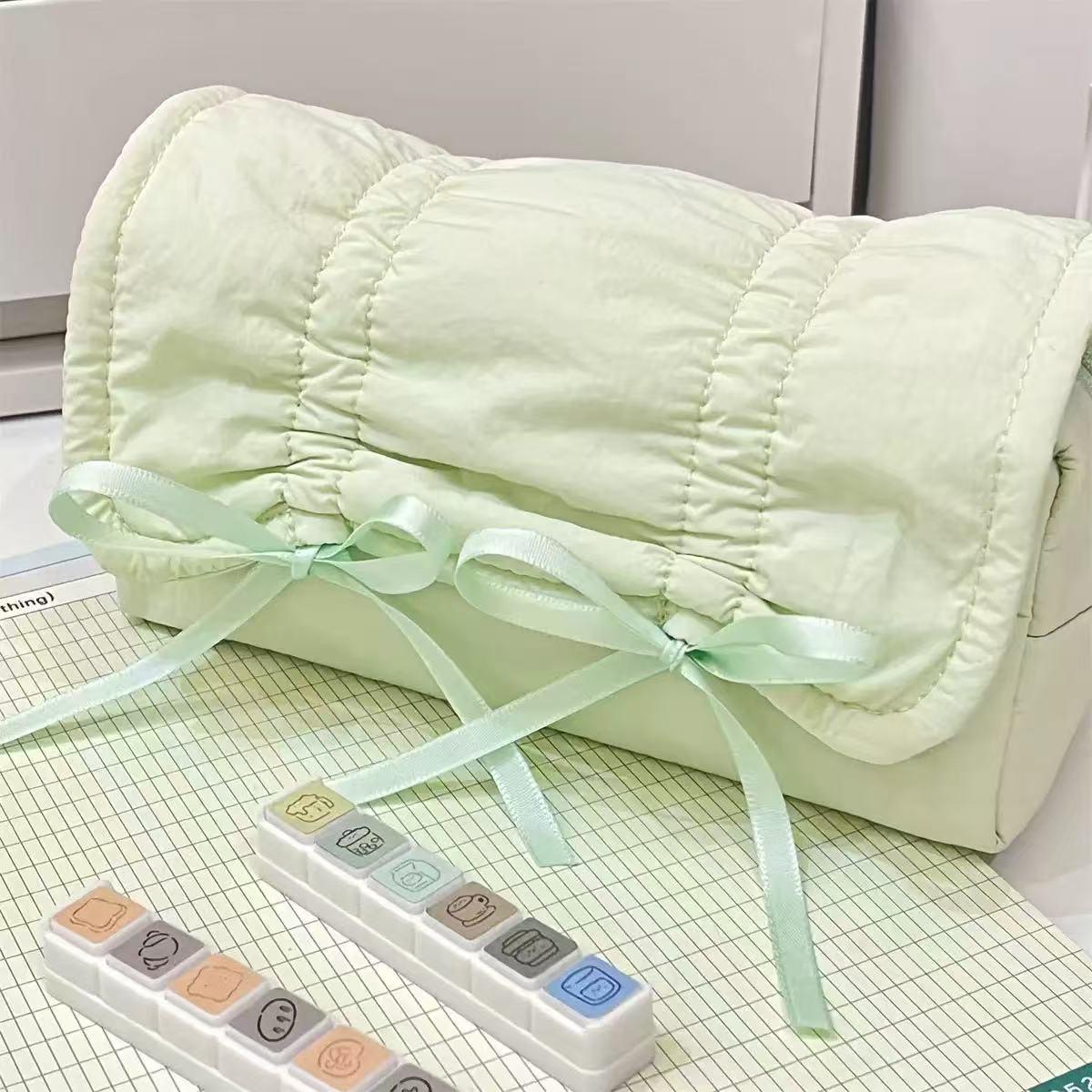 Bow White Cream Puff Pencil Case - Large Capacity Girly Storage Bag for Students