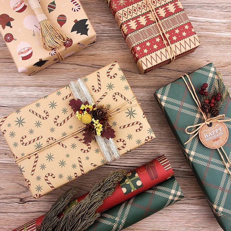 New Christmas gift wrapping paper, retro yellow kraft paper gift box packaging DIY paper