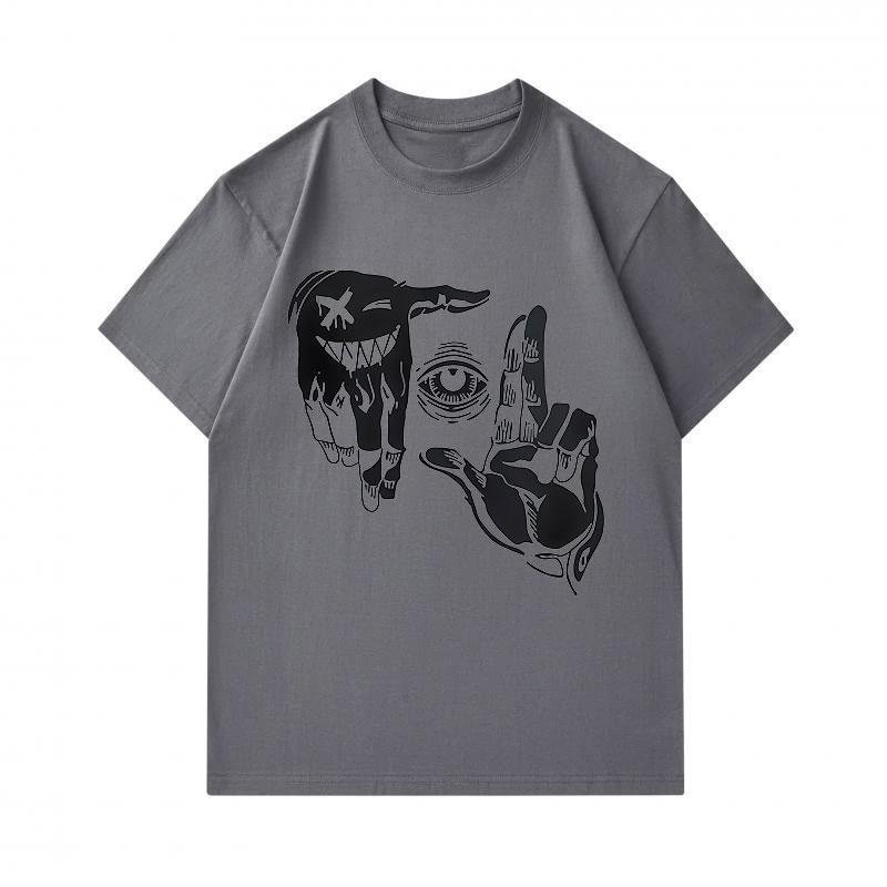 Men's 100% Cotton Short Sleeve O-Neck T-shirt, Creative Hand Gesture One Eye Weird Art Print Casual Comfortable Lightweight Daily Wear Graphic Tee for
