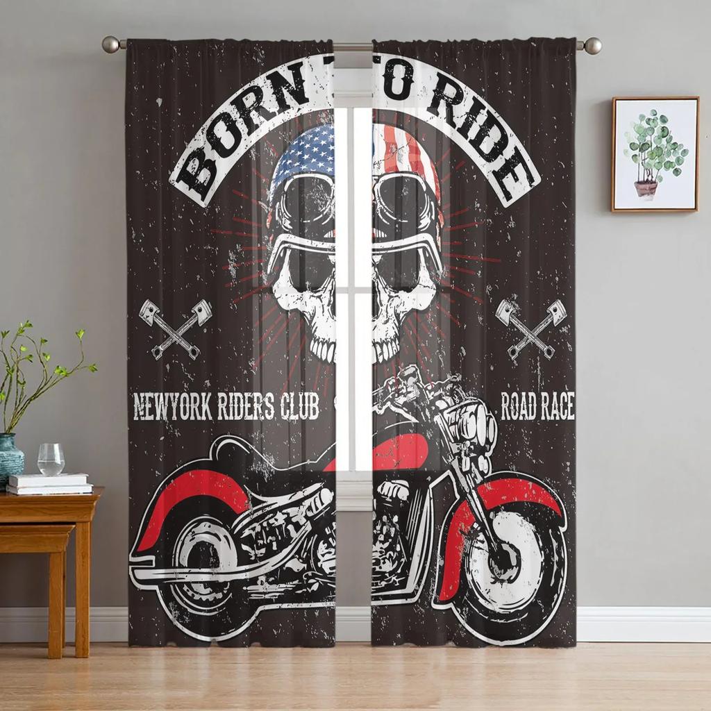 Cortinas Traslúcidas Vintage de Motocicleta para Ventana de Sala de Estar, Cortinas de Tul para Dormitorio, Cocina, Decoración del Hogar, Cortinas Voile