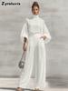 Fashion Chic Sheer Chiffon Set Solid Stand Collar Bubble Sleeve + High Waist Wide Leg Pants Two Piece Outfit