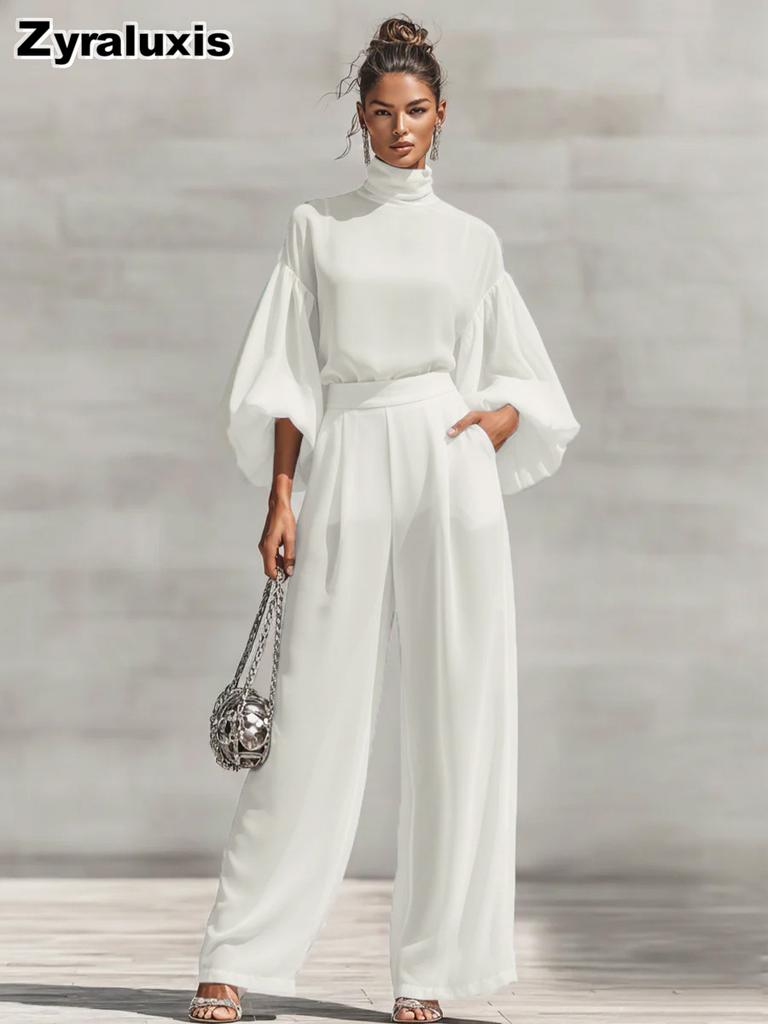 Fashion Chic Sheer Chiffon Set Solid Stand Collar Bubble Sleeve + High Waist Wide Leg Pants Two Piece Outfit