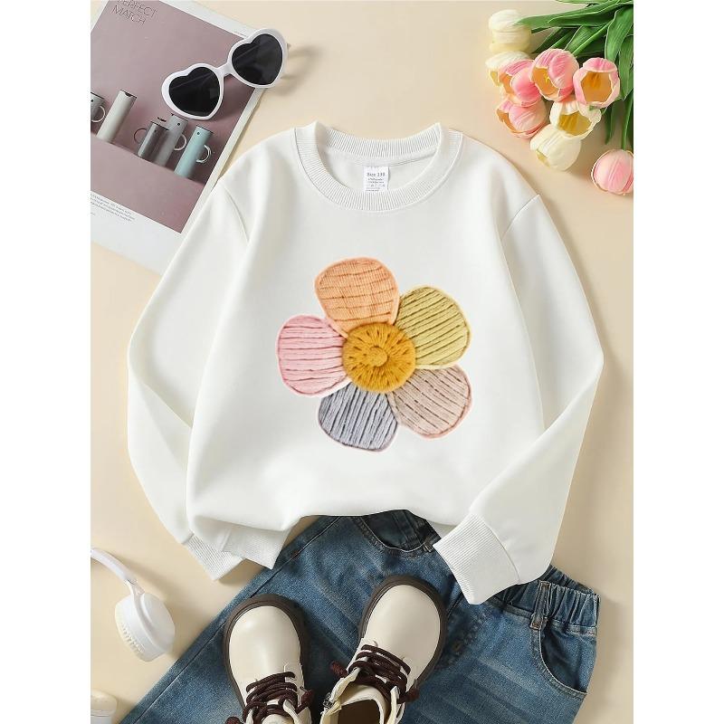 Girls' Crewneck Sweatshirt - Colorful Yarn Flower Applique Pattern Machine Washable, Spring And Autumn, Sportswear And Casual Wear, Soft