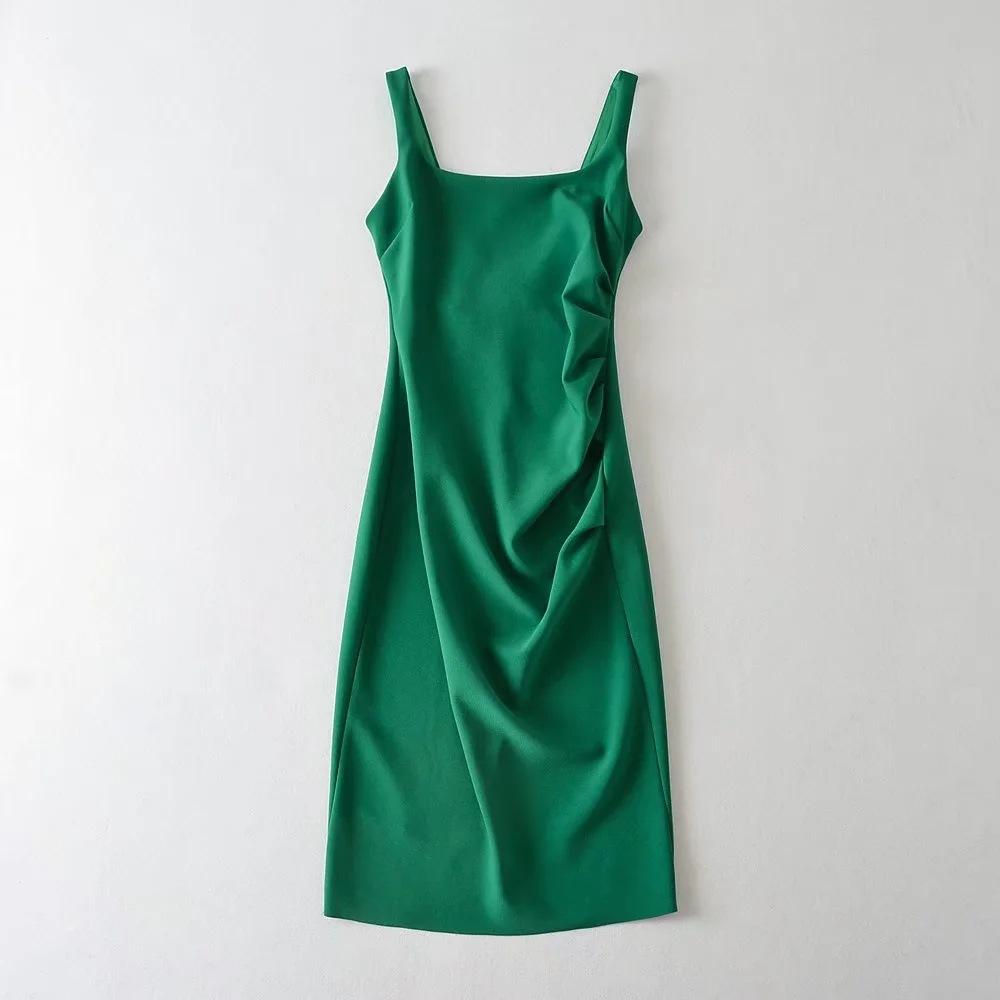 2025 Side Pleated Vest Dress, European And American Style Women'S New Solid Color Tight Strap Dress