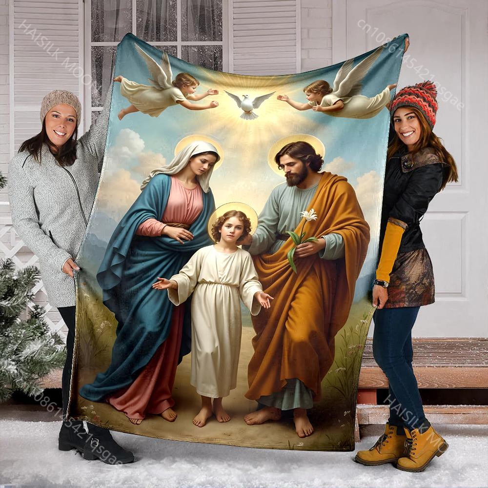 1PC Religious family with angels Faith-printed Flannel Blanket Soft and Warm Suitable for Home Travel Picnics Camping and RV