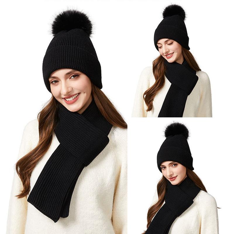 Autumn Winter Knitted Hat Scarf Two-Piece Set Women's Velvet Wool Hat Warm Pullover Hat Long Scarf Set