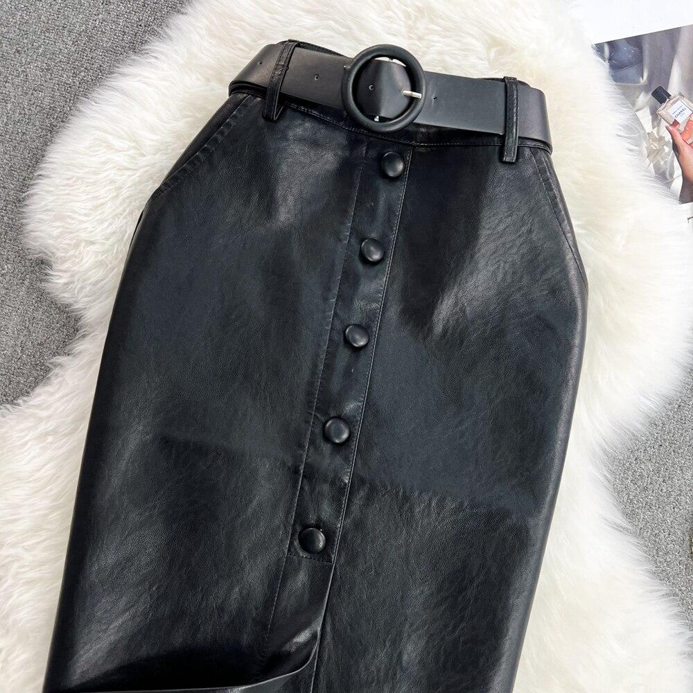 Herbst und Winter Retro Temperament Hohe Taille Schlank Paket Hüfte Einreihig Langer Abschnitt Offen Gewaschenes Leder Halbkörperrock