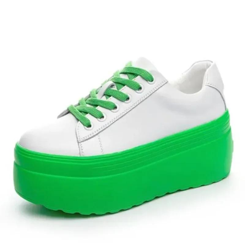Fashion High quality 8cm Super High Platform Wedge Sneakers Genuine Leather Shoes Women Spring Autumn Green White Shoes Summer Sneakers