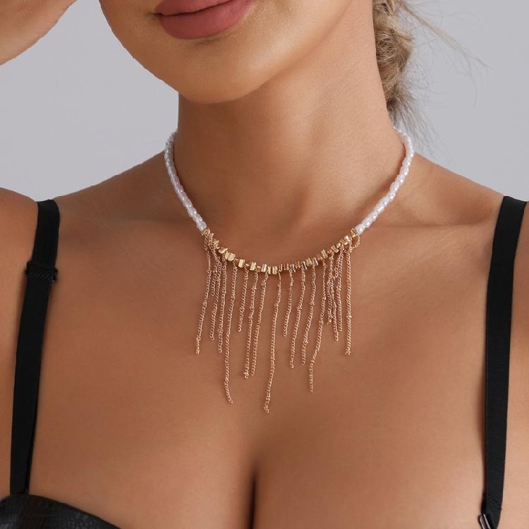 Delicate Layer Chain Chokers Necklace With Irregular Cultured Pearls And Cascading Tassels Embellishment