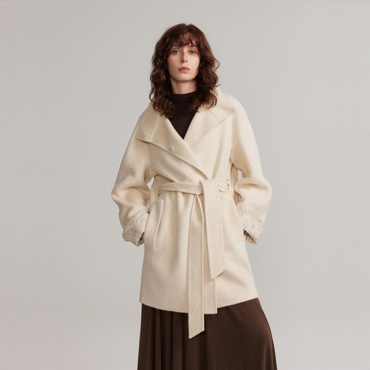 ELLE Comfortable Solid Color Soft Coat Women coats Beige EN49367