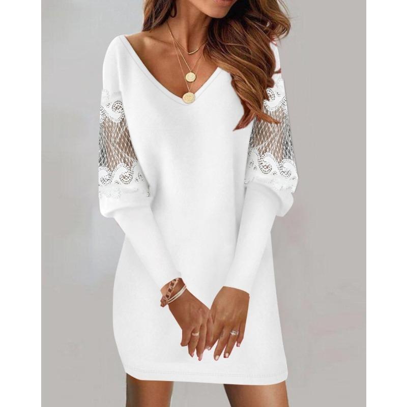 Women's Lace Patchwork Puff Long Sleeve V Neck Mini Dress Casual Loose Shift Tunic Dress