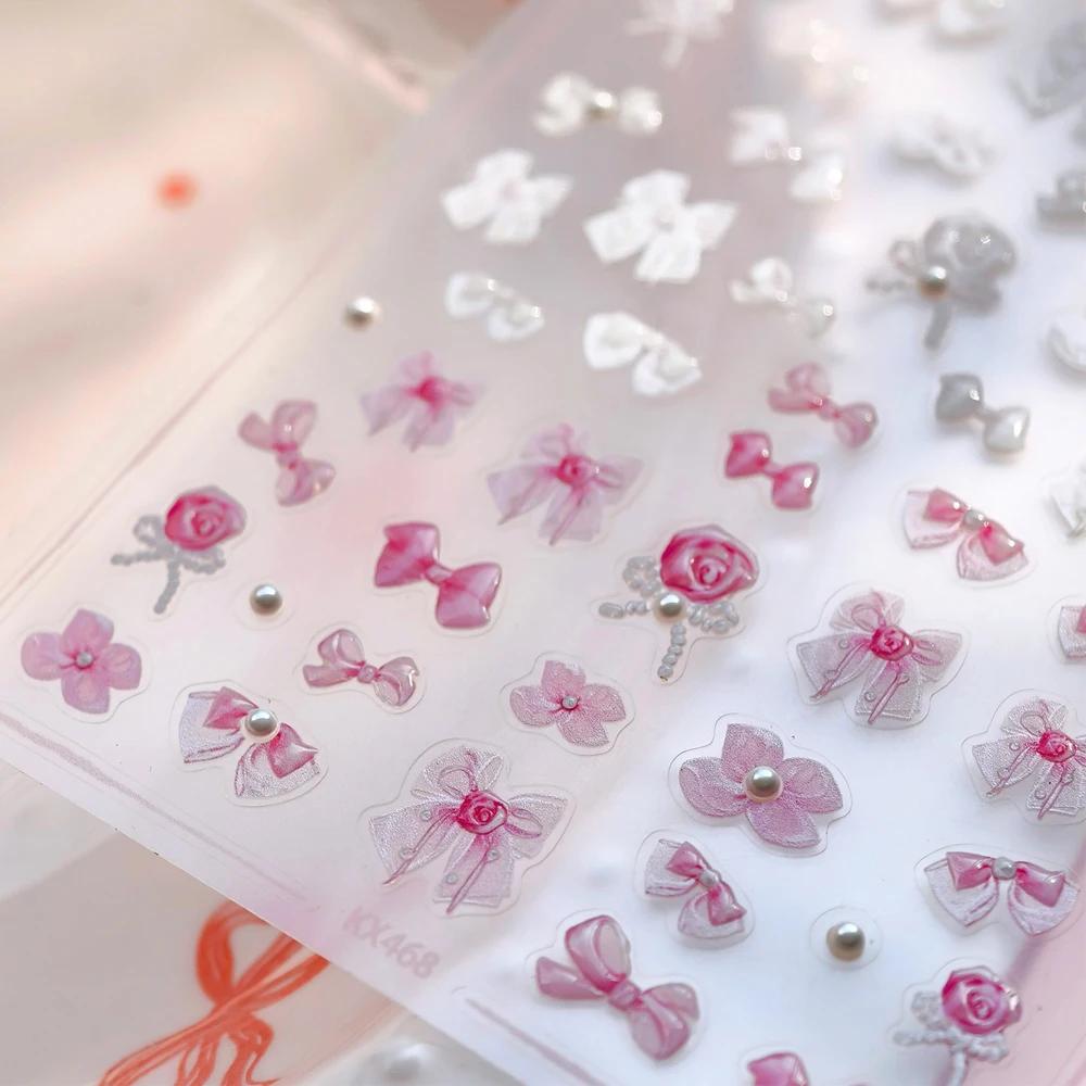 Shiny Red Bowknot Bow Tie Silk Ribbon Butterfly 5D Nail Art Sticker Pearl Rhinestones Self Adhesive Decoration Manicure Decal