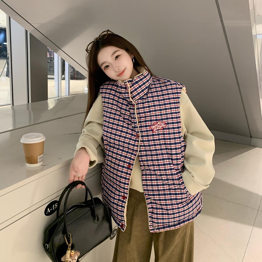 Wearing down cotton-padded jackets on both sides, women's new lamb wool vest, loose small cotton-padded jacket
