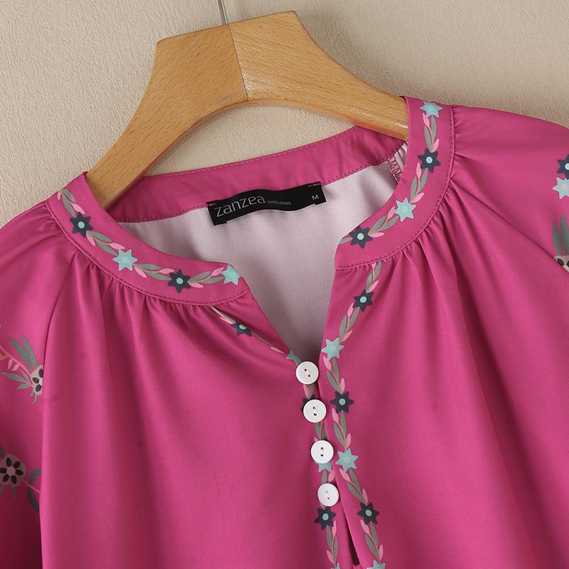 ZANZEA Women Round Neck Lantern Long Sleeve Floral Print Thin Blouses