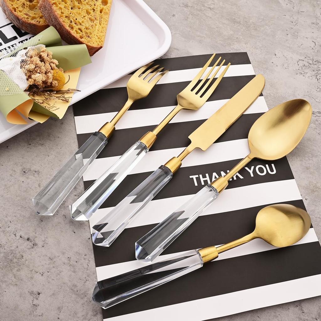 4Piece Gold Stainless Steel Flatware Set with Clear Acrylic Handle Matte Eating Utensils Dishwasher Safe