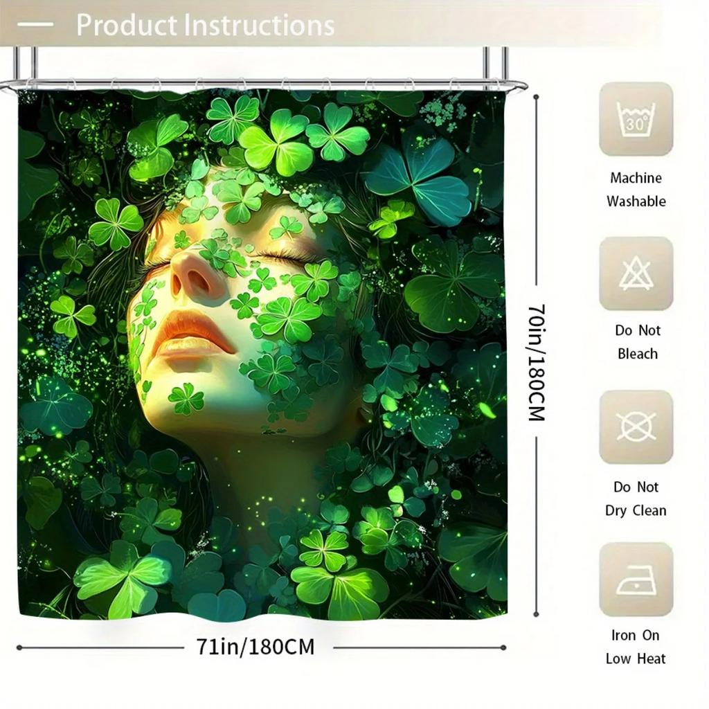 4pcs Bestselling Green Clover Print High Quality Shower Curtain and Non-Slip Bath Mat Set - Perfect for Bathroom Decor Exqu
