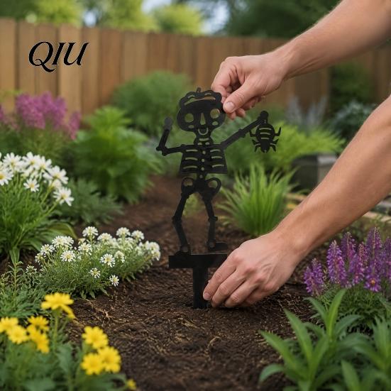 Garden Stakes for Flower Beds Halloween Skeleton Stake, Metal with Bat Spider Yard Art Fun Lawn Ornaments Black Silhouette Decoration Bed Shaped