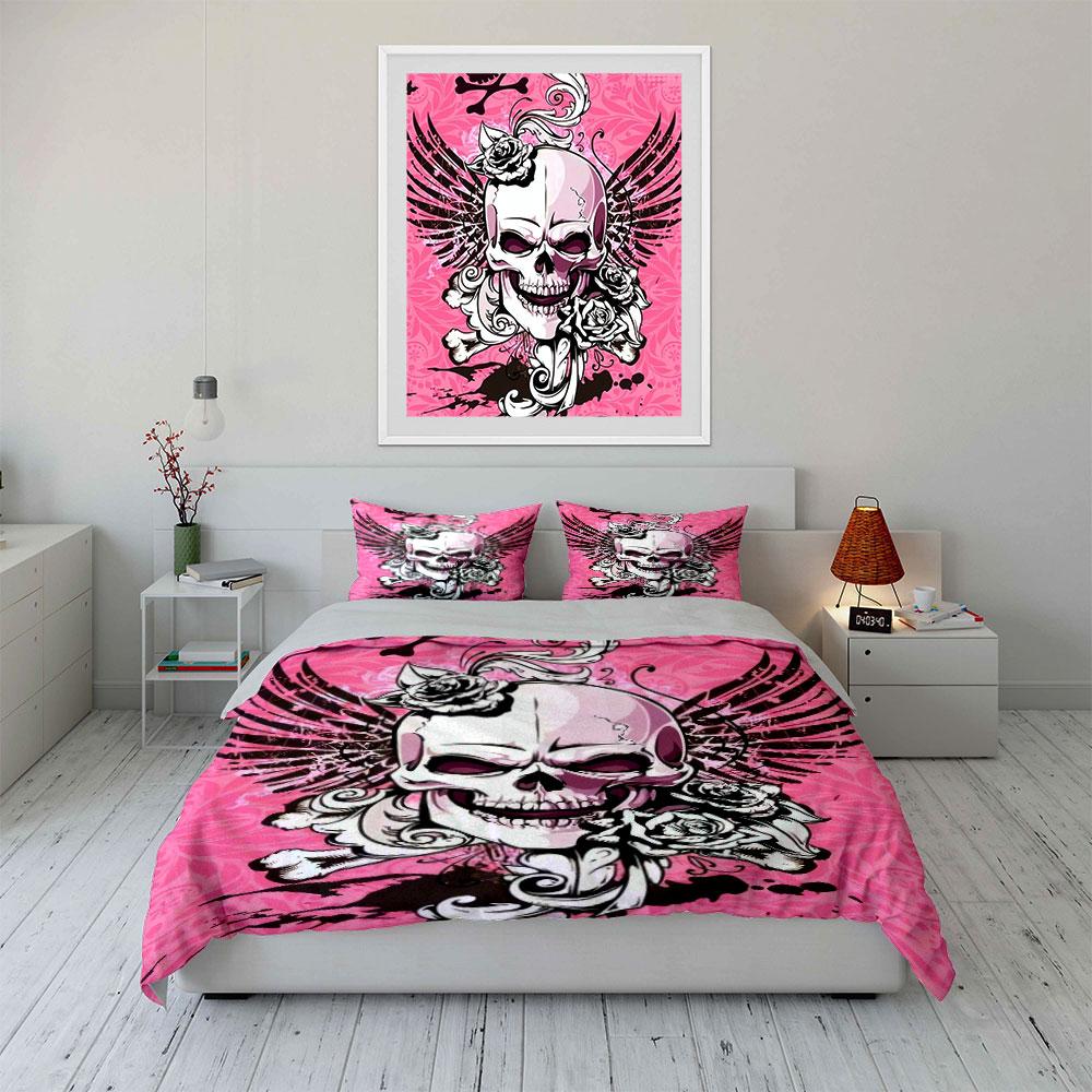 Skull Rose Art Decor Set Bedding Set With 1 Duvet Cover 2 Pillowcases Single Double King Queen, Gift