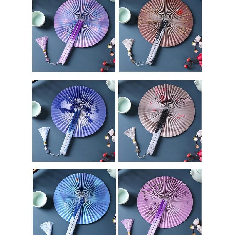 Chinese Folding Paper Fan with Tassels - Traditional Floral Design, Lightweight Plastic Portable Fan for Women, Hanfu, Home Decor, Cultural Gift