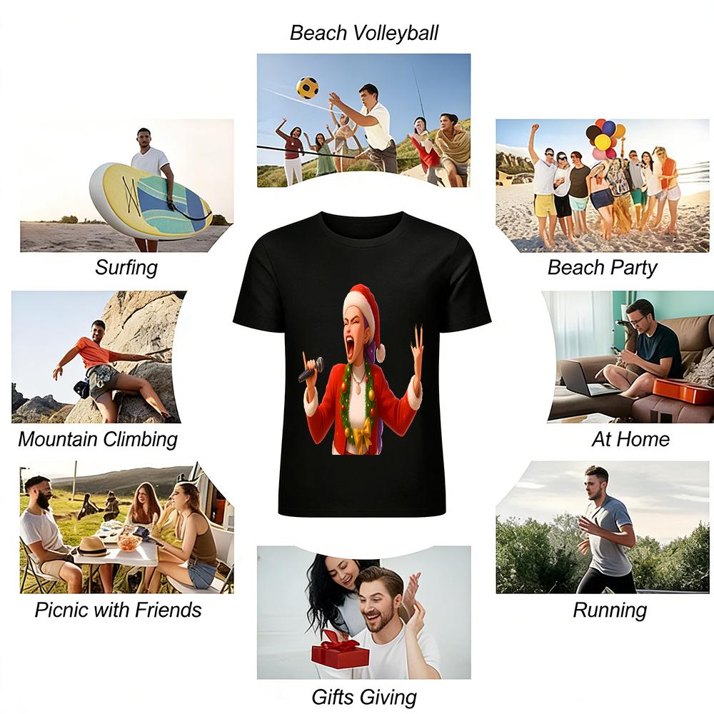 Christmas Rock Singer Print Top Unisex Loose Casual Long Sleeve T-shirt For Fall Winter Holiday Pure cotton T-shirt