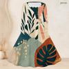 Women Plus Size Square Neck Long Sleeve Tropical Leaf Printed Dress Belted A Line Flared Hem