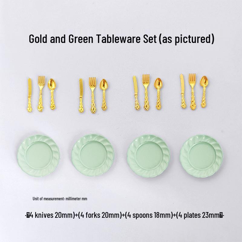 Miniature Dollhouse DIY Model Cake Set: Alloy Plate, Knife, Fork & Spoon Props