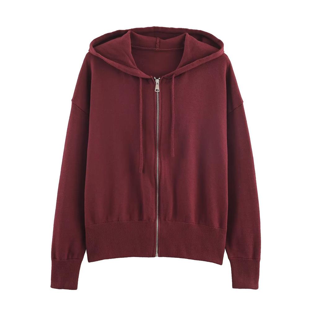 Women Knit Hooded Solid Long Sleeve Cardigan Sweatshirt