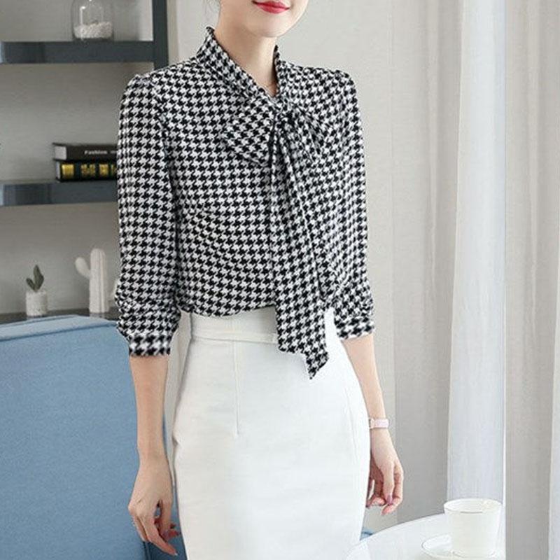 2023 Summer Fashion Houndstooth Print Pullovers Shirt Elegant Vintage 3/4 Sleeve Scarf Collar All-match Blouse Women's Clothing