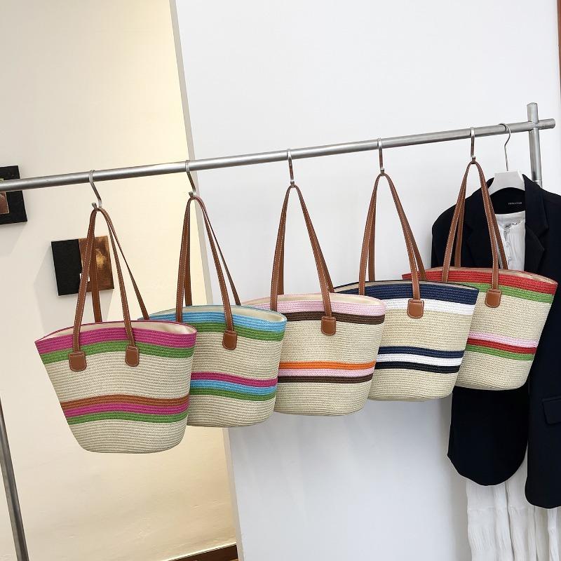Damen Große Kapazität Gewebte Eimer Tasche Einzelne Schulter Handtasche Farbblock Mode Strandtasche