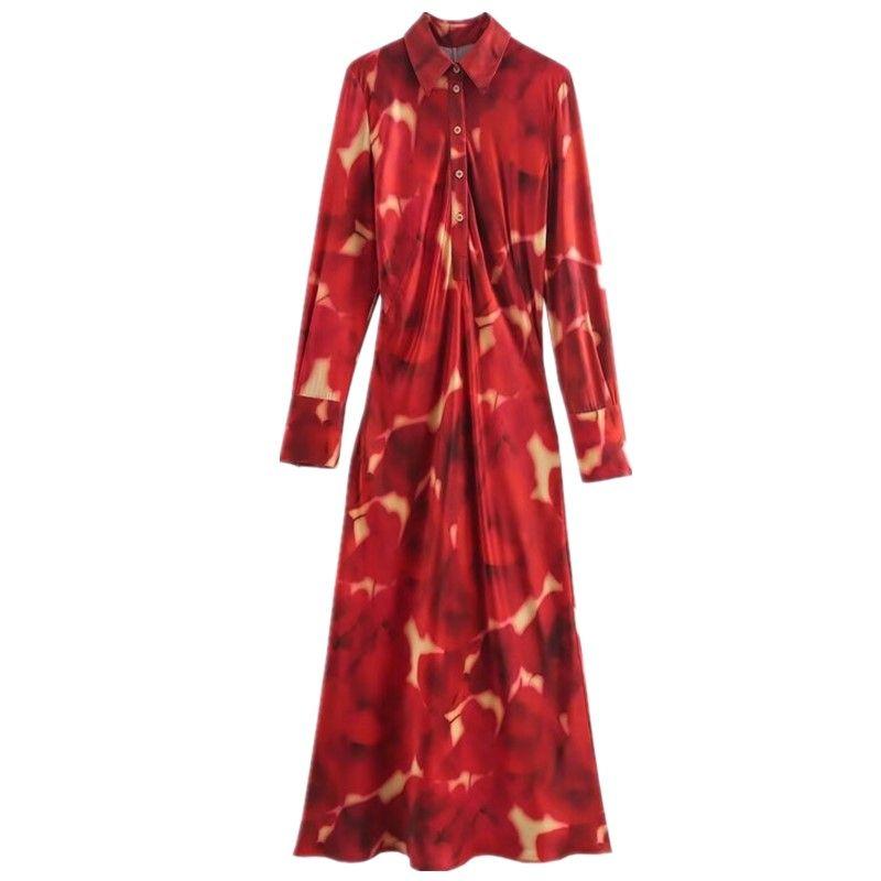 

Fashion Style 2024 Fall and Winter New Women s Clothing Elegant All-Matching Printed Silk Satin Texture Dress 9146092 Red L